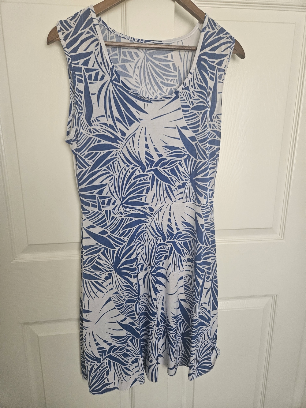 Blue and White Tropical Leaf Sleeveless Dress
